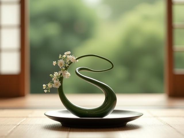 日本の茶室に飾られた生け花。ミニマルでエレガントなS字のラインが特徴